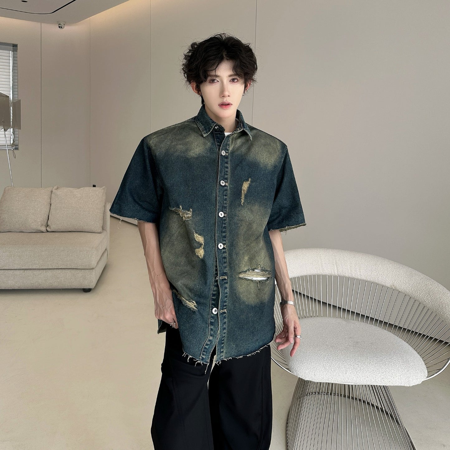 Short-Sleeved Ripped Denim Jacket with Shoulder Pads