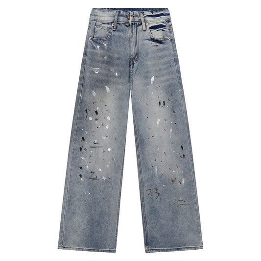 Loose Straight Leg Jeans with Hand-Painted Wide Leg Design