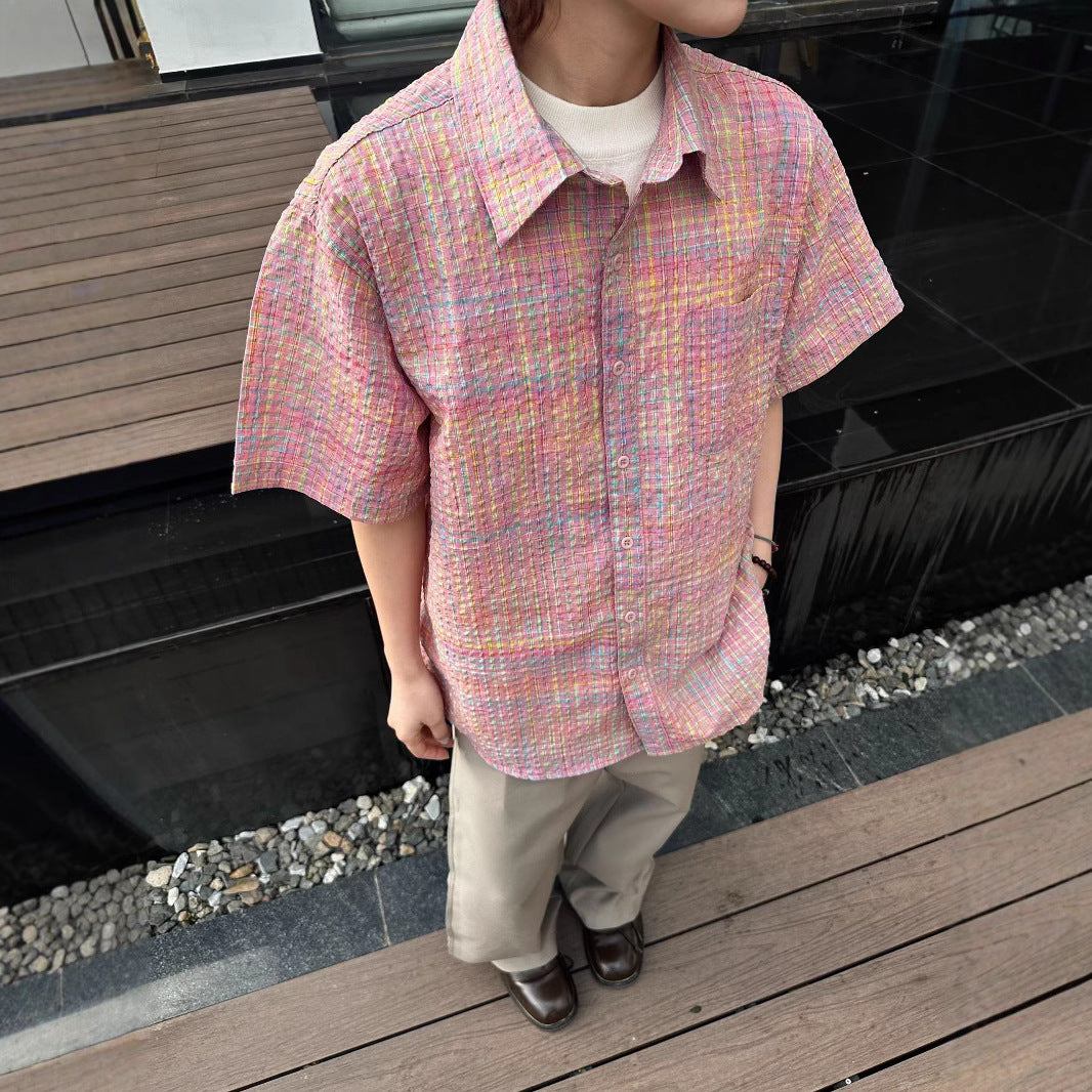 Woven Plaid Cross Yoke Loose Silhouette Short Sleeve Shirt