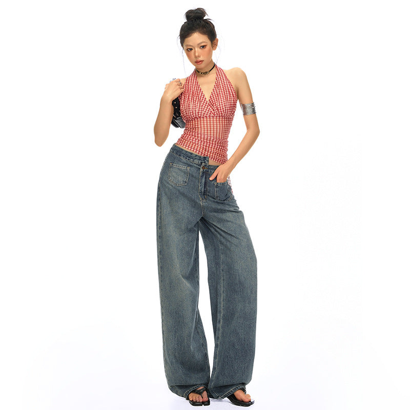 Blue High-Waisted Straight Leg Jeans for Women - Loose Wide-Leg Summer Pants
