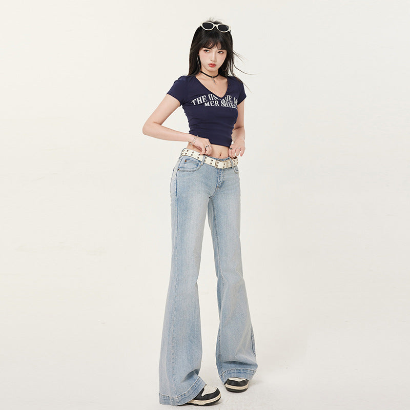 Women's Black and Gray Flared Jeans - Slimming Retro Low Waist Pants