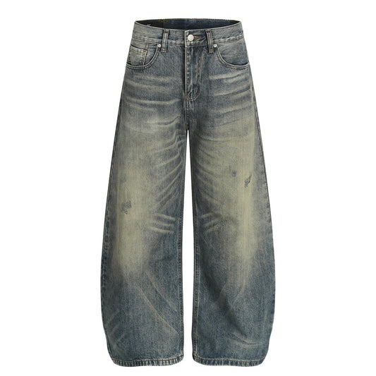 Vintage Men's Jeans - Distressed Ripped Flared Pants, Trendy Brand, Loose Fit, Wide-Leg Style