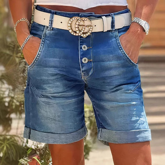 High-Waisted Elastic Women's Denim Slim Fit Casual Versatile Straight Leg Cuffed Denim Shorts