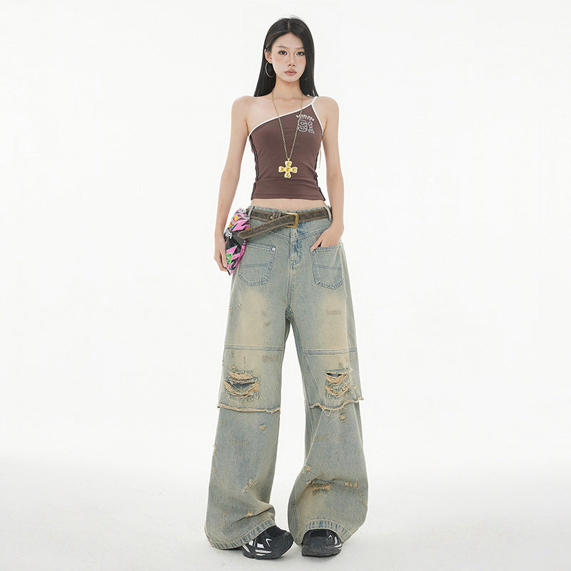 High Street Post-Apocalyptic Style Distressed Denim Pants for Men and Women
