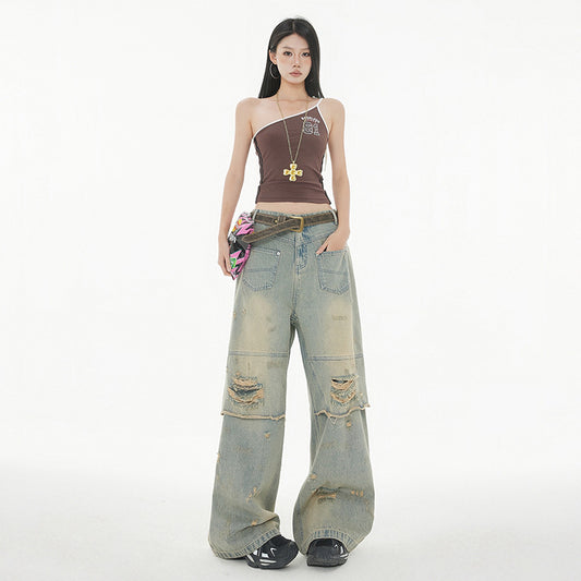 High Street Post-Apocalyptic Style Distressed Denim Pants for Men and Women