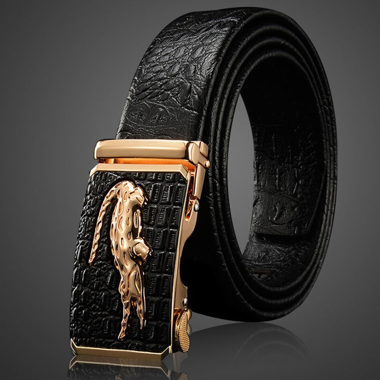 Men's Genuine Leather Belt with Automatic Buckle - Cowhide and Crocodile Pattern