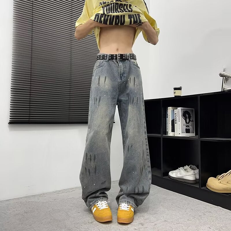 Washed and Distressed Splashed Ink Denim Jeans for Men