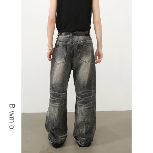 Denim | Frayed Hem Washed Gray Men's Jeans with Whiskers