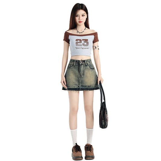 Women's Vintage Distressed Denim Mini Skirt - High Waisted Slim Fit Bodycon