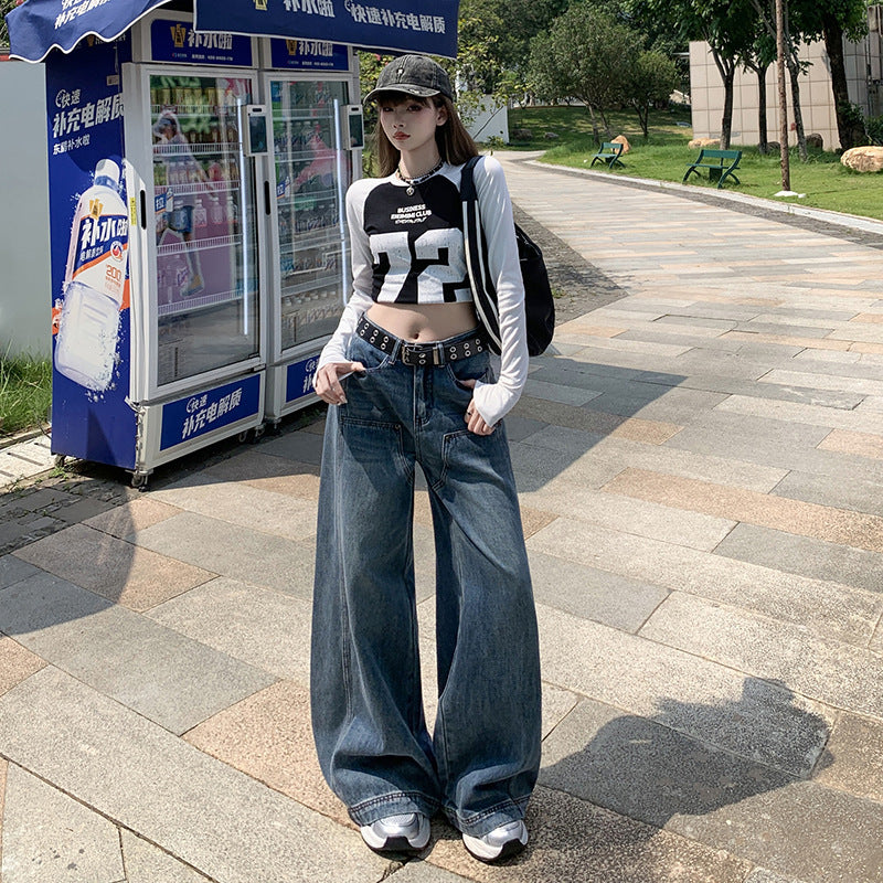 High-Waist Loose Fit Slimming Versatile Washed Floor-Length Wide-Leg Jeans for Women
