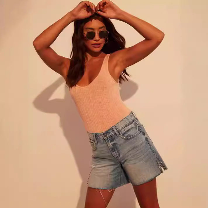 Loose Side Denim Shorts - Premium Japanese Craftsmanship