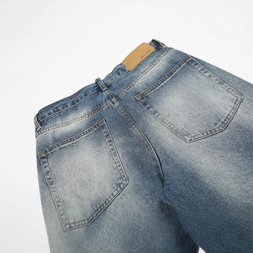 Vintage Men's Denim Jeans, Dye-Washed Faded Catwhisker Streetwear Style, Loose Fit, Versatile Casual Pants