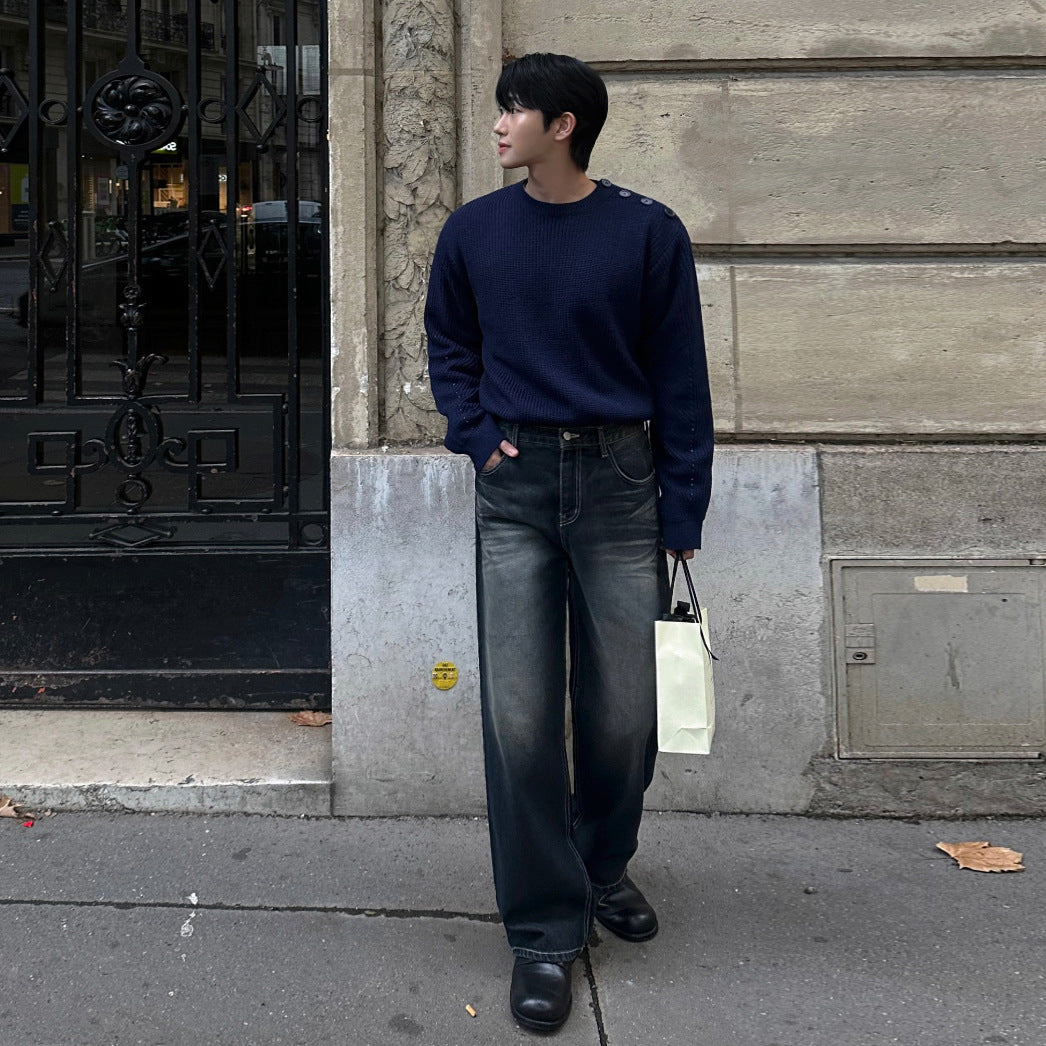 Vintage Distressed Straight Leg Jeans for Men - Loose Thick Long Pants