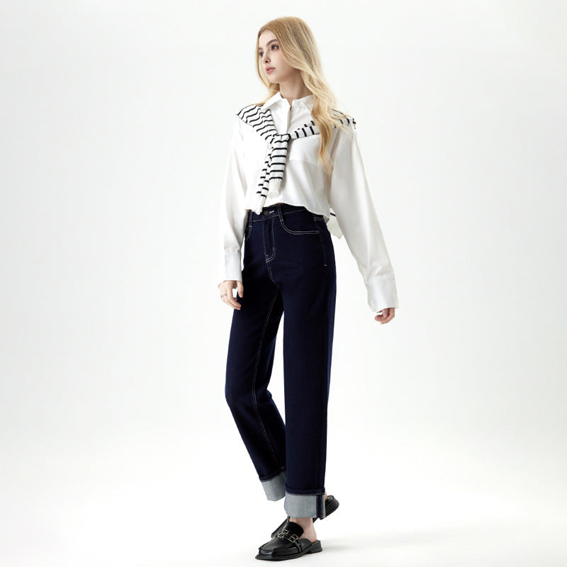 Women's Blue Wide-leg High-waisted Slimming Straight Leg Nine-point Jeans
