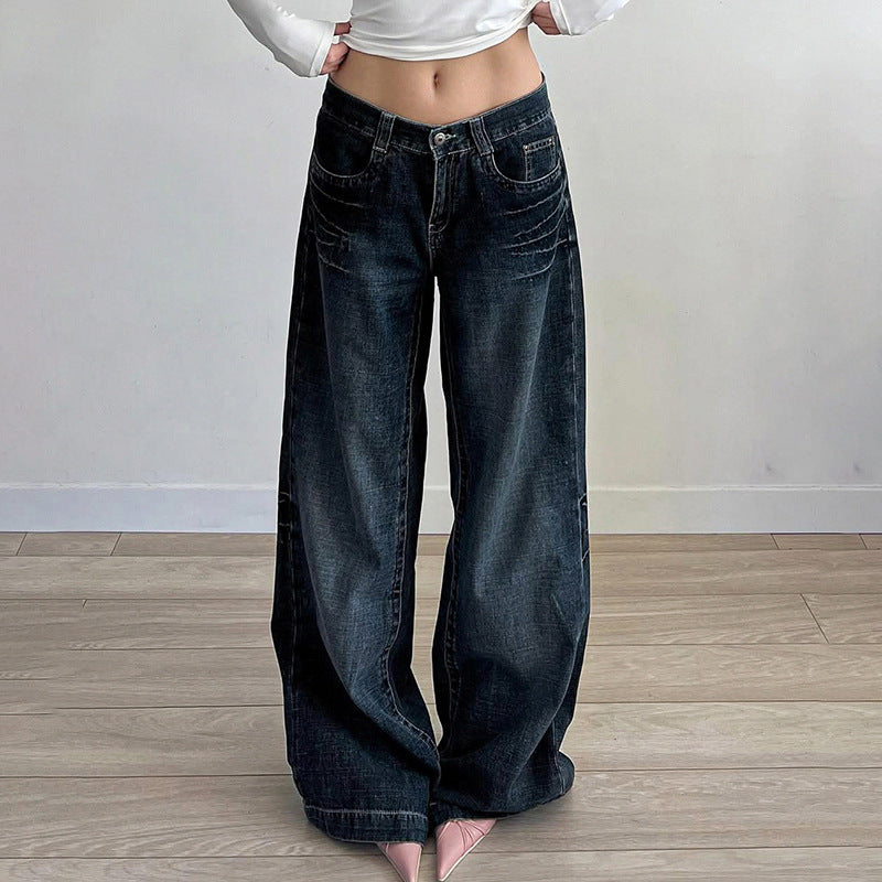 Street Retro Washed Dark Blue Loose Slim Wide Leg Pants