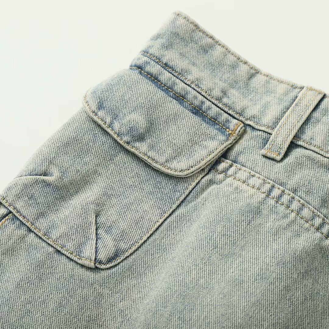 Vintage Short Denim Skirt with Pocket Decoration for Women