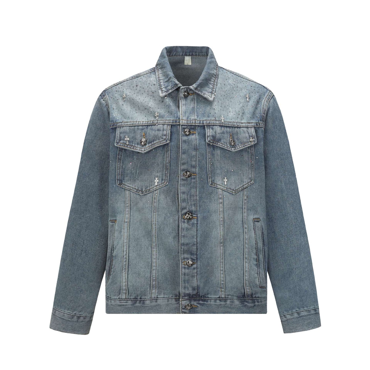 Simple Studs and Rhinestone Washed Denim Jacket