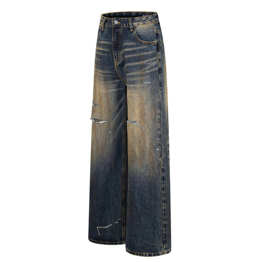 Vintage Washed Ripped  Dagger Cut Denim Pants - Unisex Loose Fit Wide Leg Trousers