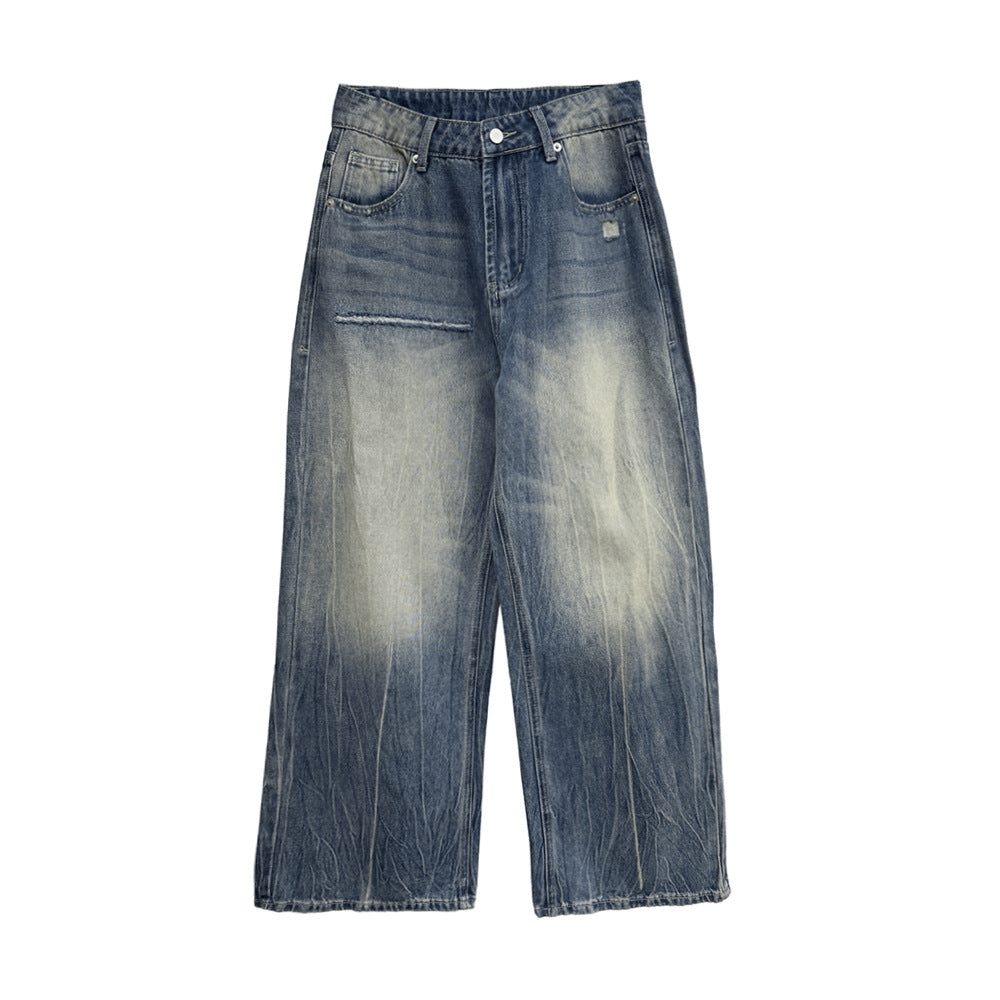 Unique Design Distressed Wide Leg Denim Pants with Tie-Dye Stripes for Women