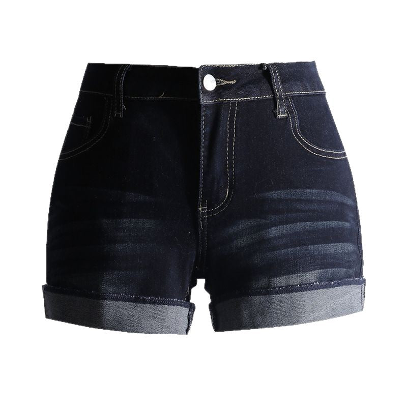 Retro Cuffed Denim Shorts for Women with Low Waist and Elastic Hem