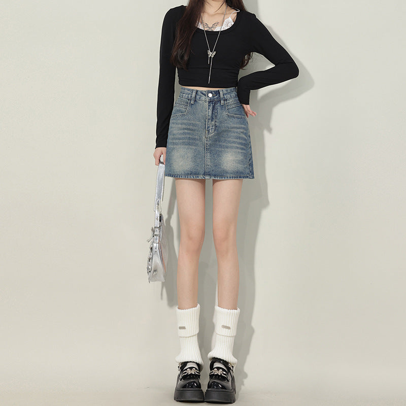 Lazy Style Unique Denim A-Line Skirt for Women – High Waist Slimming Short Skirt