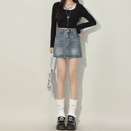 Lazy Style Unique Denim A-Line Skirt for Women – High Waist Slimming Short Skirt