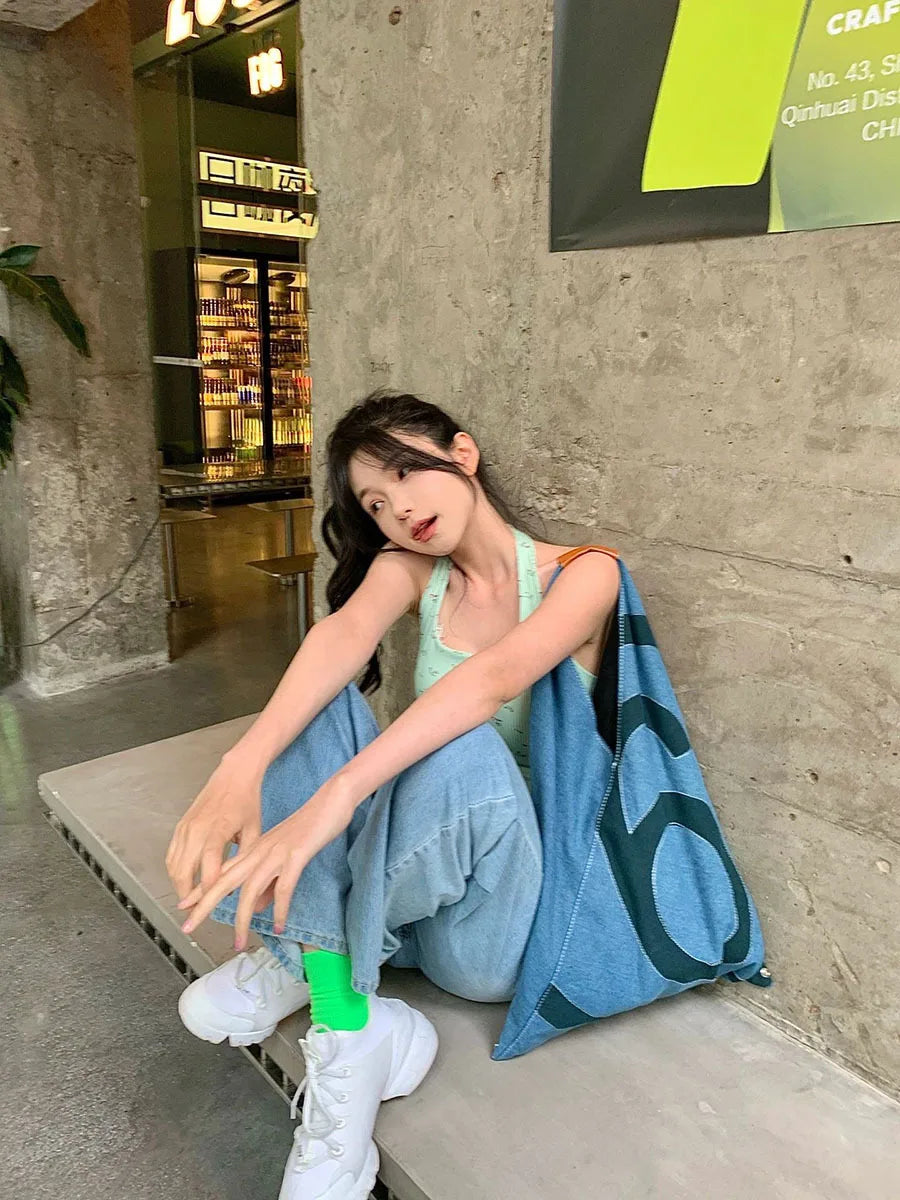 Denim Tote Bag - Large Stylish Commuter Shoulder Bag