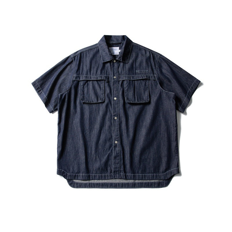 Three Dimensional Pocket Washed Vintage Short Sleeved Denim Shirt