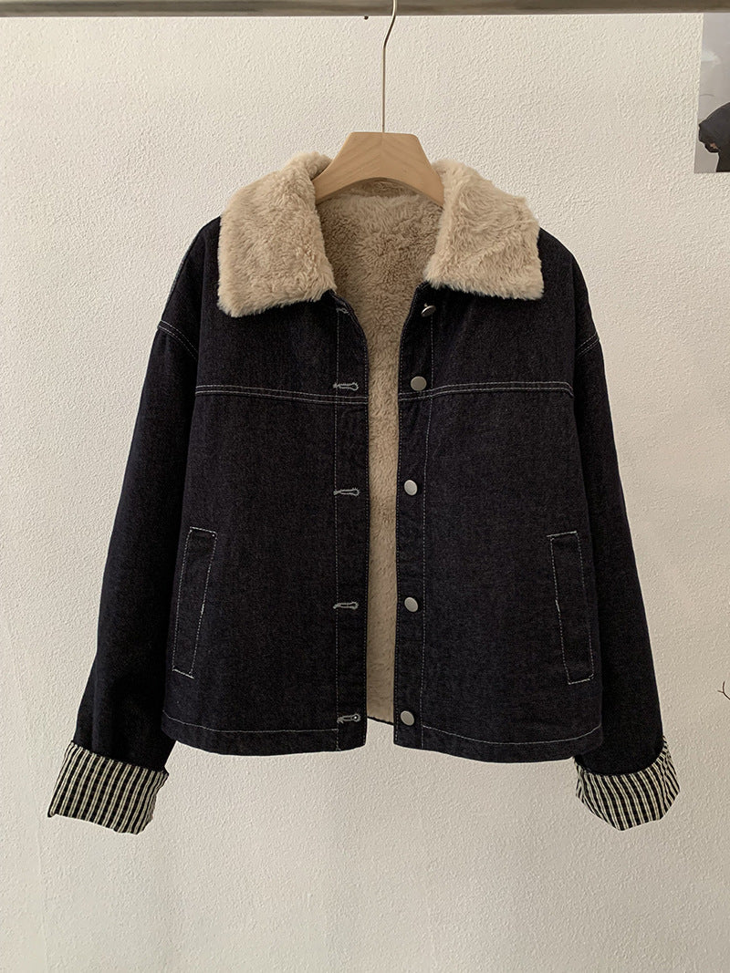 Patchwork Stripe Collar Thick Fleece Lined Single Button Long Sleeve Denim Jacket for Women