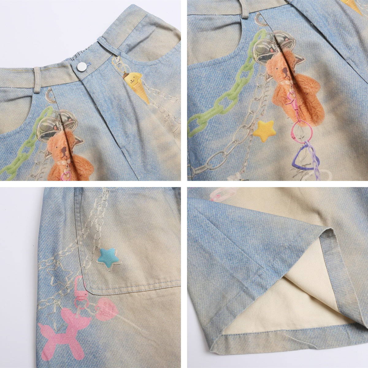 Retro Cartoon Chain Print Loose Wide-Leg Mid-Length Denim Shorts for Men