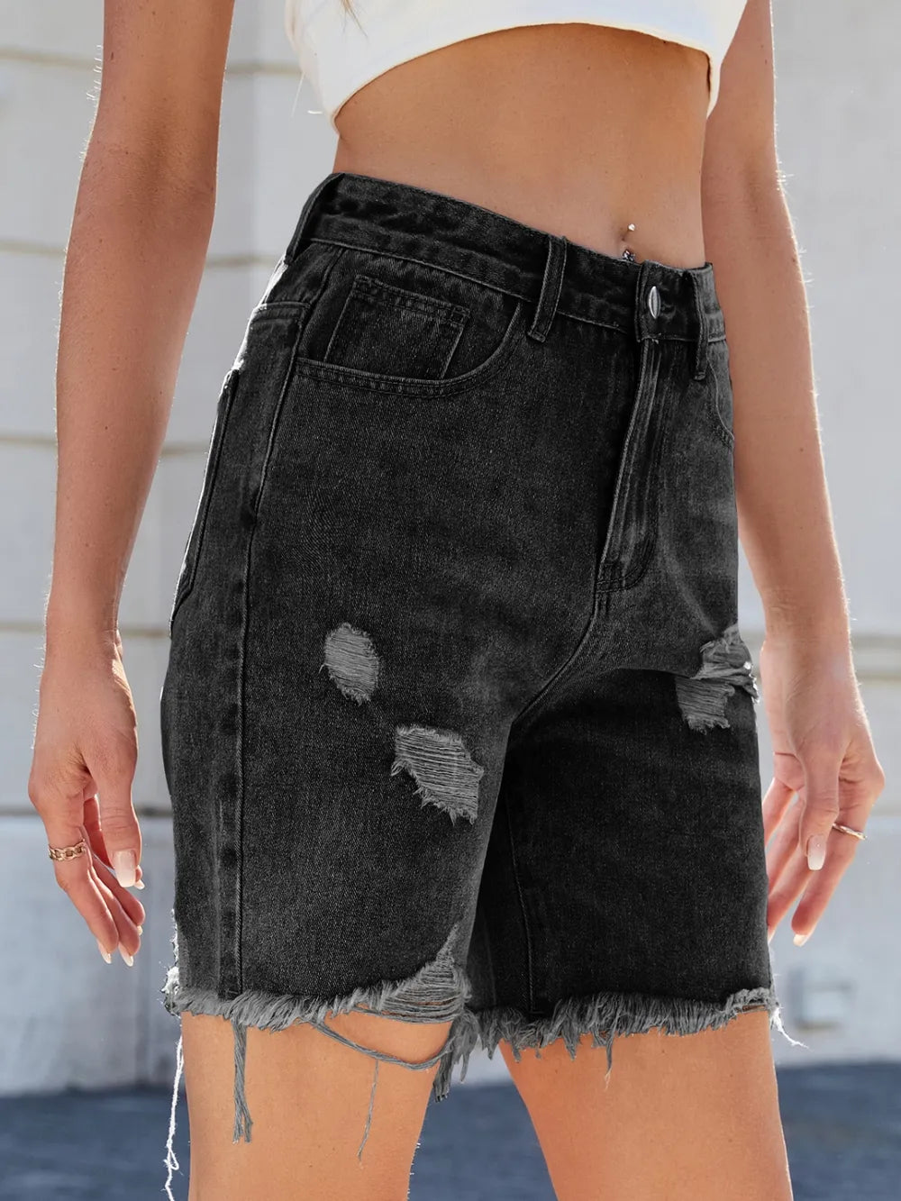 Distressed Raw Hem Denim Shorts - Premium Japanese Denim