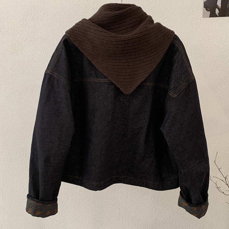 Cotton-Lined Round Neck Single-Breasted Long Sleeve Denim Jacket with Knit Shawl Two-Piece Set for Women