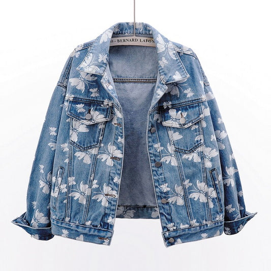 Women's Blue Butterfly Print Denim Jacket - Casual Loose-Fit Short Coat