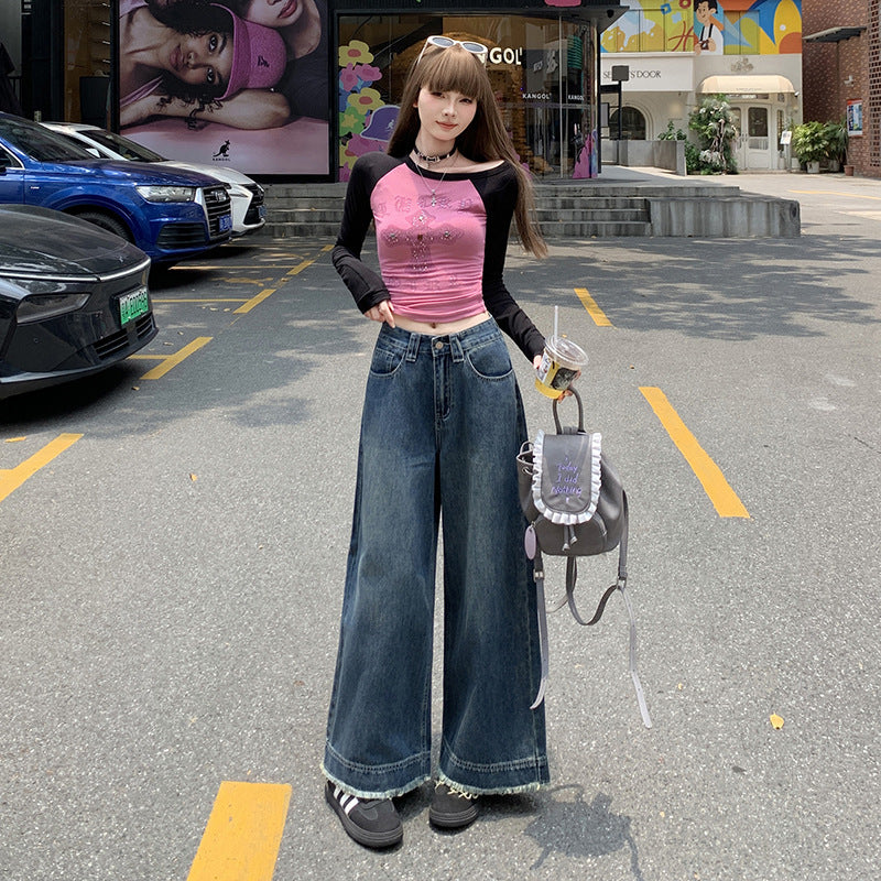 Denim Ankle-Length Pants for Women - High Waist Loose Straight Leg Trousers