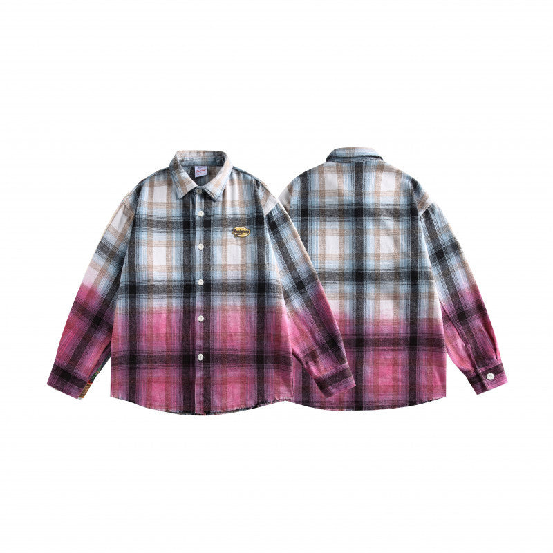 Gradient Plaid Casual Long Sleeved Shirt for Men and Women