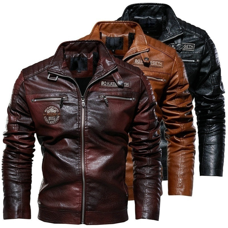 Men's Leather Jacket Zipper Long Sleeve High Quality Motorcycle Jacket Coat Winter Turn Down Collar Plus Size Male Coat