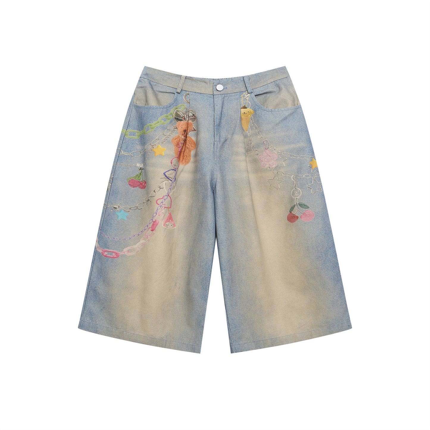 Retro Cartoon Chain Print Loose Wide-Leg Mid-Length Denim Shorts for Men
