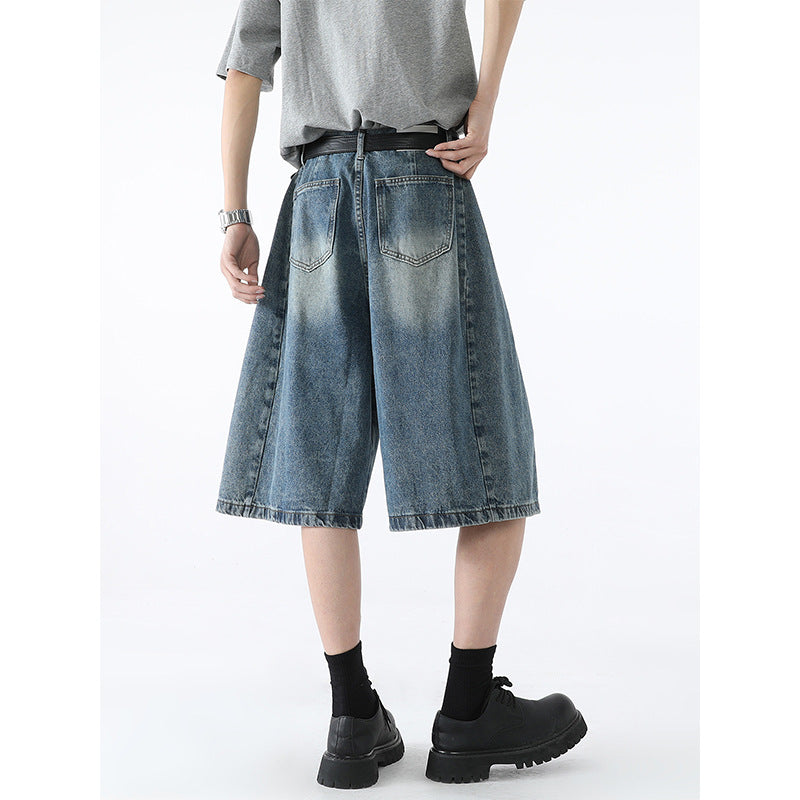 Retro Silhouette Wide Leg Denim Casual Washed Five Quarter Pants