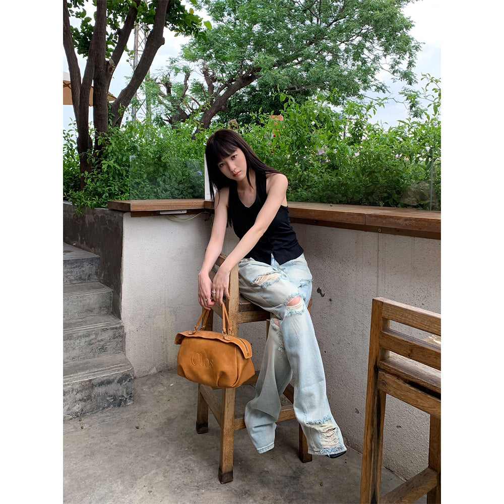 High Street Distressed Ripped Straight Leg Jeans for Women - Vintage Casual Pants