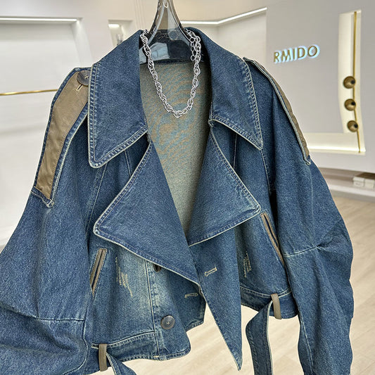 Women’s Vintage Y2K Patchwork Denim Jacket with Leather