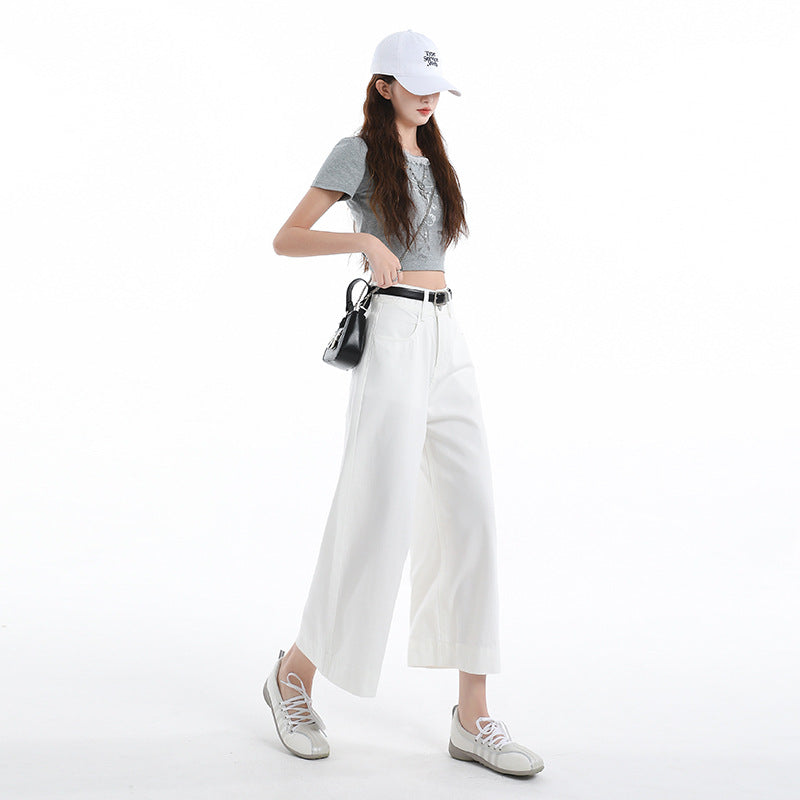 Light Blue Loose Straight Leg Cropped Ice Silk Wide Leg Pants for Women