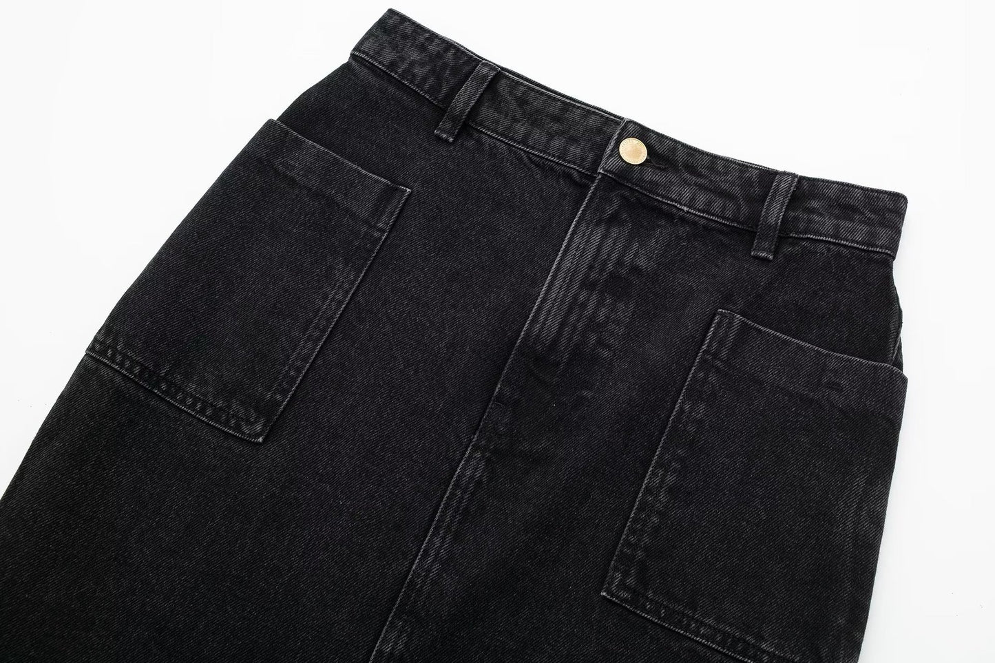 Women's High-Waisted Black Denim Midi Skirt with Slit