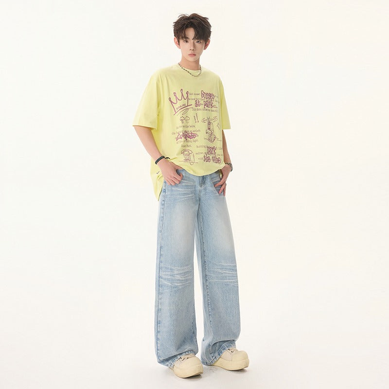 Summer Loose Straight Leg Commuting Pants in Washed Blue Denim