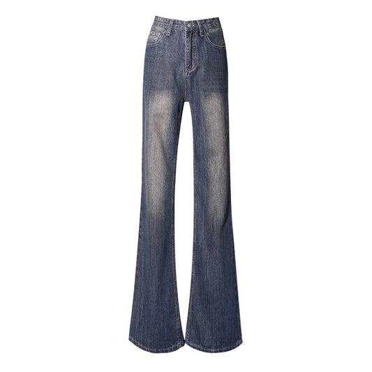 Distressed Loose Drape Straight Floor-Length Pants Wide-Leg Flare Jeans for Women