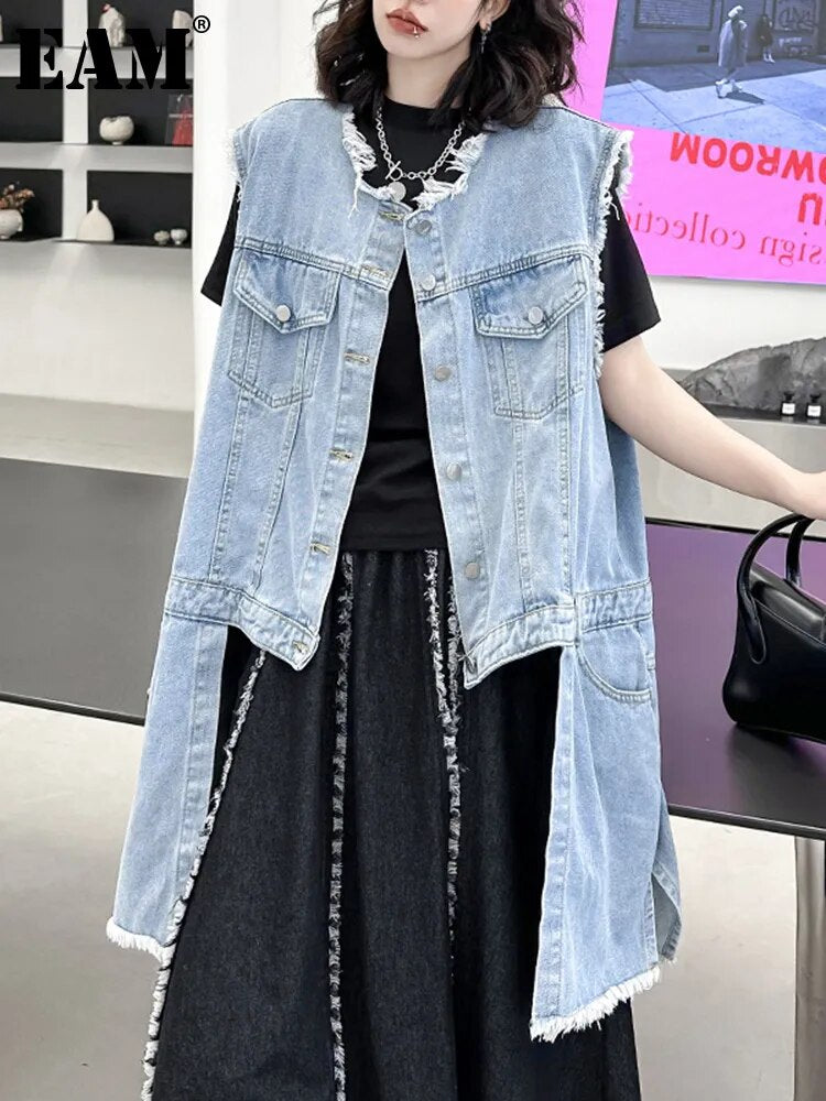 Women’s Loose Fit Blue Denim Irregular Burr Big Size Vest - O-Collar Sleeveless