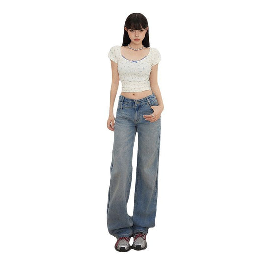 Retro Low-Waist Loose Straight Leg Jeans with Irregular Waist Design for Women