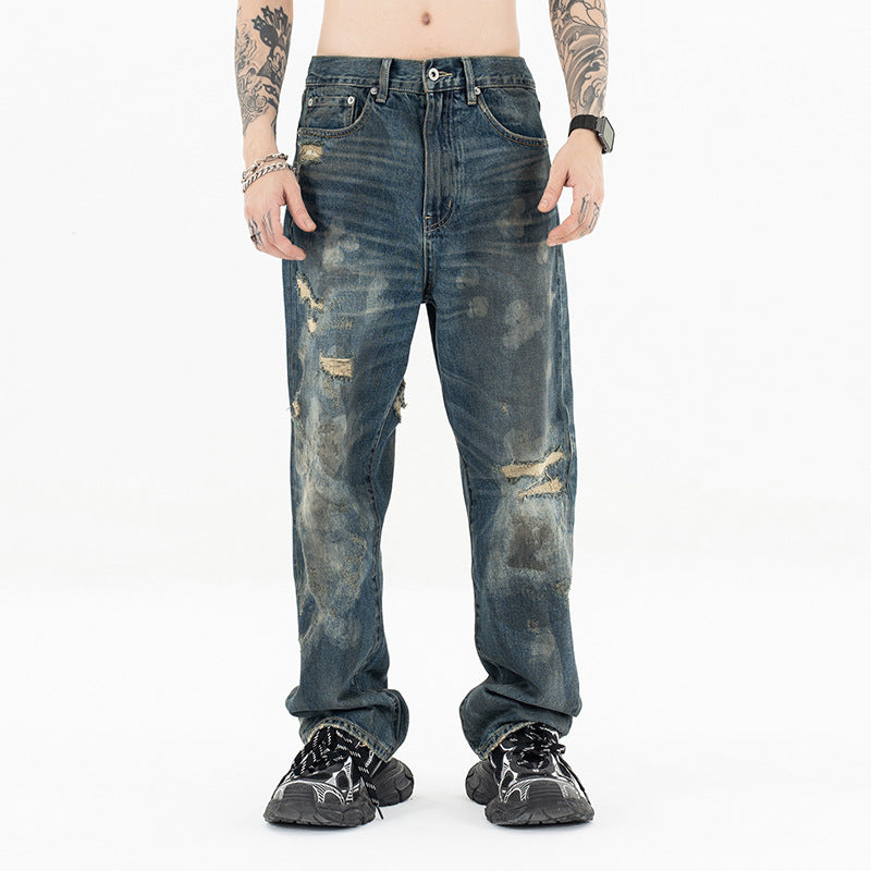 Men's Water-Washed Casual Straight Jeans with High-End Distressed Design