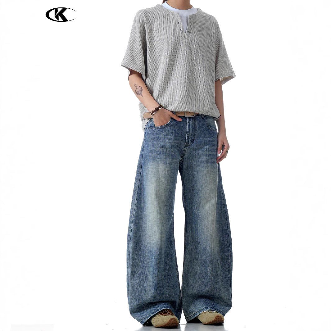 Texture Tapered Denim Pants Cleanfit Retro Wide Leg Slim Fit Loose Straight Long Pants