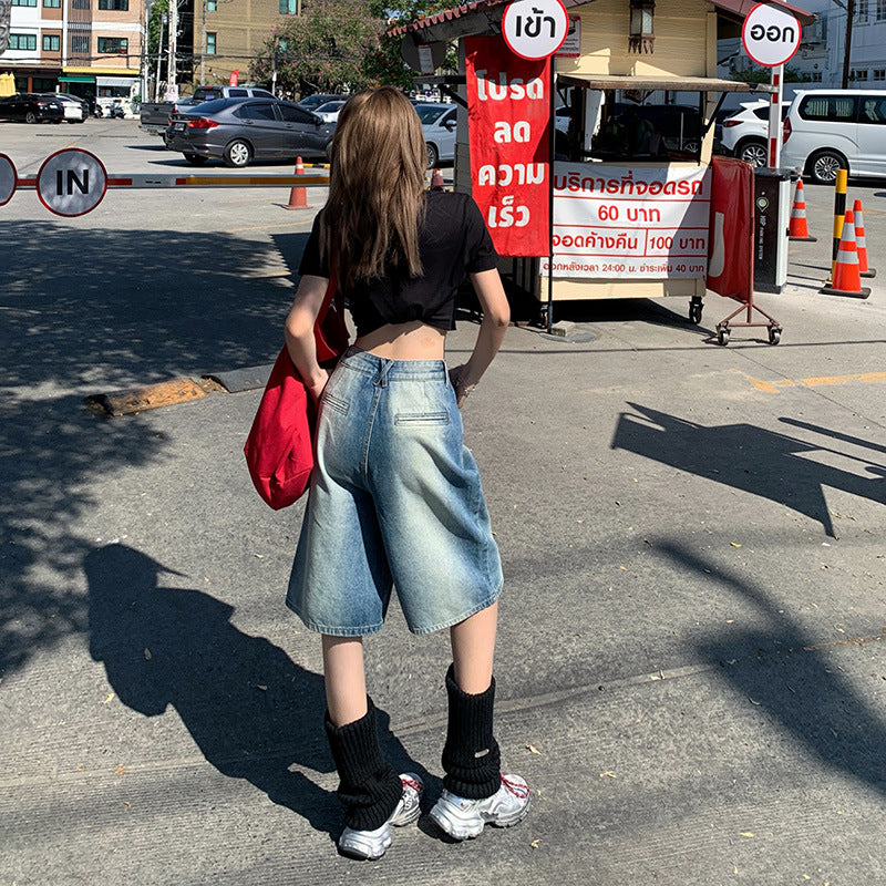 Women's Retro Washed Gradient High Waist Loose Slim Wide Leg Five-Point Shorts