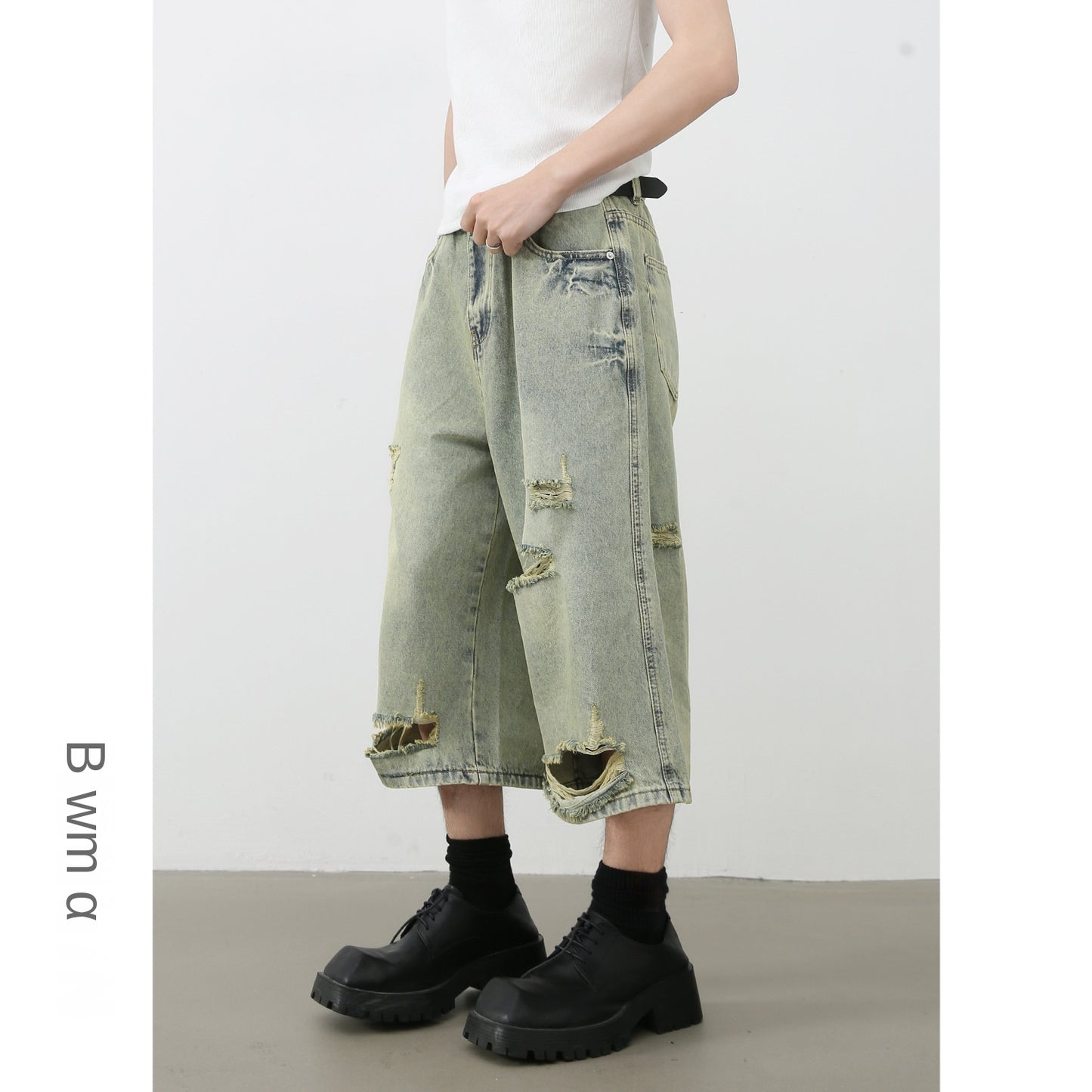 Retro Distressed Denim Shorts for Men | Loose Fit Straight Leg Capri Pants